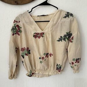 Madame Cinched Waist V Neck 7/8 Sleeve Cream Floral Embroidered Eyelet Blouse